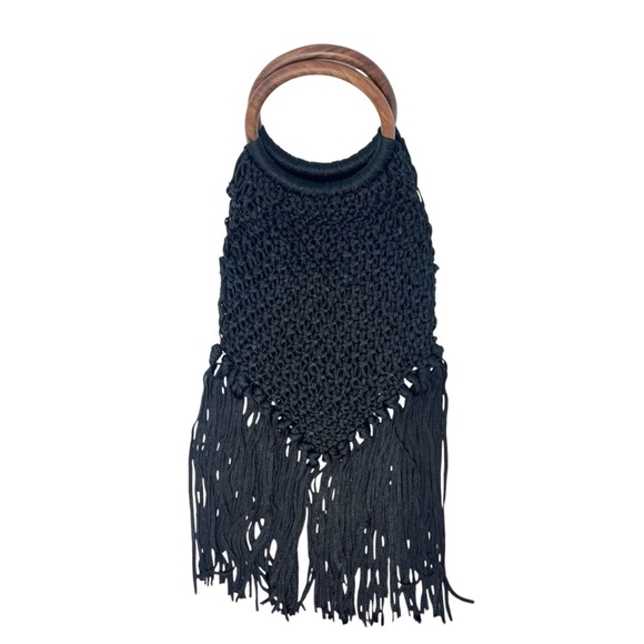 Anthropologie Ana Marame Mini Clutch Black Bohemian Handbag Wood Handles Fringe - Picture 2 of 14